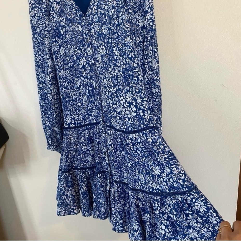 Madewell Blue White Ditsy Floral Flowy mini dress V-neck long sleeve oversized - Picture 2 of 9